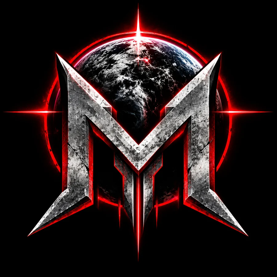 The Manifesto emblem: a steel M before a dark planet ringed in red light